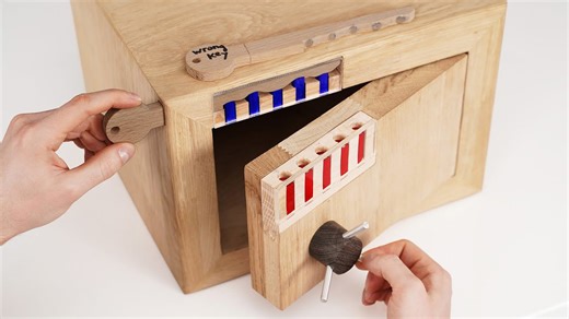 Wooden safe with magnetic gravity lock