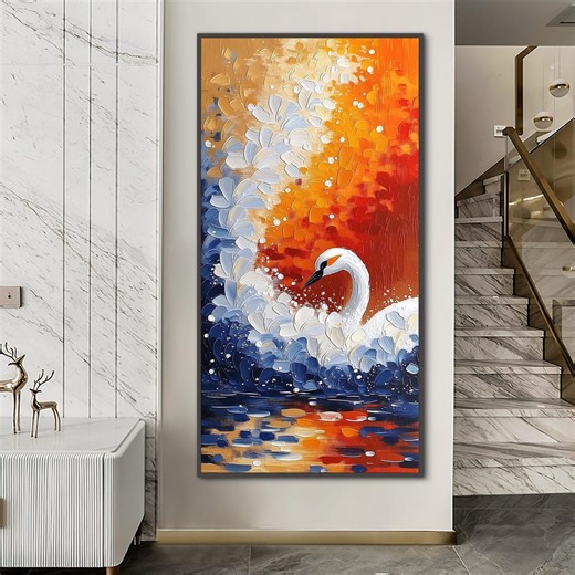 Elegant White Swan Oil Painting, Sunset Reflection on Water With Thick Impasto, Textured Bird Art, Handmade Modern Canvas Home Wall Decor - Etsy