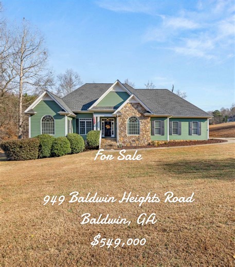 For Sale - 949 Baldwin Heights Road Baldwin, GA 30511 - $549,000 - Peace and quiet in the country, without giving up access to town. This beautiful four-bedroom home is nestled in a small neighborhood on a hard-to-find double lot spanning over two acres. Inside, hardwood floors, built-ins, and soaring ceilings give the home character and space you can feel. But the real showstopper? The newly completed back porch. With a fireplace and room to gather year-round, it's the kind of space that turns 