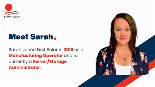 🌟 Spotlighting Sarah’s inspiring career journey! From Manufacturing Operator to Server/Storage Administrator here at First Solar! Since joining us in 2018, she has continually showcased her passion for growth, strengthened her communication skills through networking and mentoring, and brought a creative, solutions‑driven mindset to every challenge. Her enthusiasm for innovation and technology makes her an invaluable member of our team. We can’t wait to see the impact she’ll continue to make. Jo