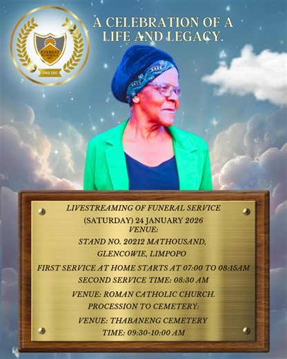 Funeral & Burial Service Livestream Notice With deep sorrow, we announce the passing of Mkhabela Kokwane Johannah, who departed on 17 January 2026. Her life was one of love, faith, and devotion a legacy that will forever live on in the hearts of her family and loved ones. Family, friends, and the community are invited to join us virtually as we honour and celebrate her life and stand together in support during this time of farewell. FUNERAL SERVICE DETAILS Date: Saturday, 24 January 2026 First S