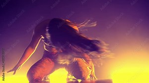Alluring woman dancing flexible movements with body on floor. Erotic hot dance in dark studio with neon light. Lady dancer in tight clothes and heels.