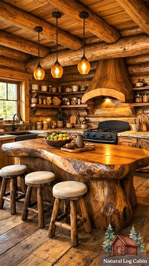 A Log Cabin Where Every Room Feels Like a Deep Exhale. This is the kind of cabin that slows your breathing the moment you step inside. Warm log walls, glowing lantern light, stone textures, and handcrafted wood details create a feeling of quiet luxury rooted in nature. From the spa-like stone bathtub and glass shower to the candle-lit bedroom wrapped in soft linens, every space feels intentional and calm. The living room glows with firelight beneath exposed timber beams, while the kitchen invite