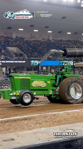The “Rollin’ Stone” Pro Stock Tractor pulling at the National Farm Machinery Show Championship Tractor Pull presented by Farm Credit Mid-America! #NFMS26 #ChampionshipTractorPull #TractorPulling #JohnDeere #Tractor #Motorsport #Farming | Thurston Pulling Photos