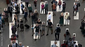 High view of commuters walking. Facial recognition interface showing personal data for each person. Surveillance concept. Artificial intelligence. Deep learning.