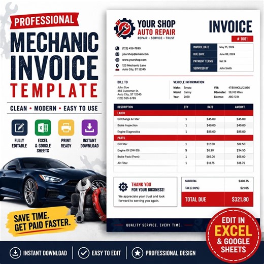 Auto Repair Invoice Template, Mechanic Service Bill (excel, Google Sheets, PDF) - Etsy