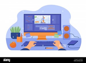 Computer and monitor of graphic animator creating video game, modeling motion, processing video file, using professional editor. Vector illustration f Stock Vector Image & Art - Alamy