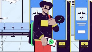 Ticket buying at self service check in line cartoon animation. Airline ticketing 4K video motion graphic. Airport passenger paying nfc phone 2D linear animated character on interior background