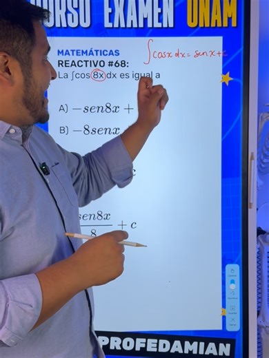 🧠 Reactivo #68 Matemáticas – Guía UNAM 2026 Esta integral de la guía UNAM 2026 parece difícil, pero en realidad es de las más fáciles del examen 📚 Tenemos que calcular: ∫ cos(8x) dx Sabemos que: ∫ cos(x) dx = sen(x) C Pero cuando aparece ax dentro del coseno, usamos la regla: ∫ cos(ax) dx = (1/a) sen(ax) C Aquí a = 8, entonces: (1/8) sen(8x) C También se puede escribir como: sen(8x) / 8 C Respuesta correcta: sen(8x) / 8 C — inciso D ✅ 📘 Domina Matemáticas y todas las materias del examen a la 