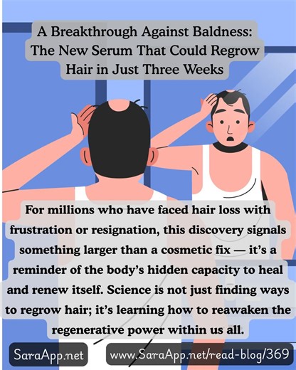 Read 👉 SaraApp.net/read-blog/369 For millions worldwide, hair loss is a daily reminder of how difficult it can be to turn back time. But a team of scientists at National Taiwan University may have found a way to do just that — through a simple rub-on serum that has shown the potential to restore hair growth in as little as 20 days. #baldness #BaldnessSolution #baldnesstreatment | Sara App Portal - Blog