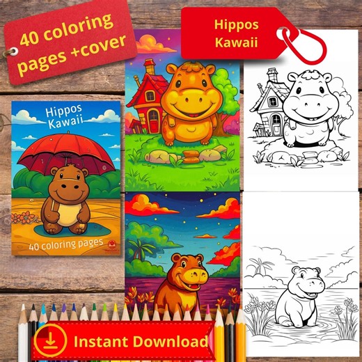 Kawaii Hippos Coloring Pages | Hippo Activity Book for Kids | 25 Page Printable PDF Activit - Etsy