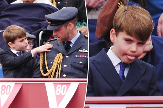 Prince Louis, 7, tugs on Prince William’s uniform and makes silly faces at VE Day 80th anniversary event