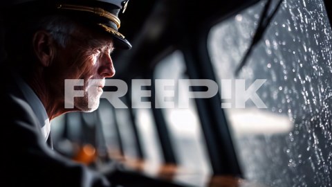 A contemplative ship captain gazes out the bridge window, observing the rain-slicked view, reflecting deep thoughts and the challenges of navigating through inclement weather | Vídeo de stock Premium