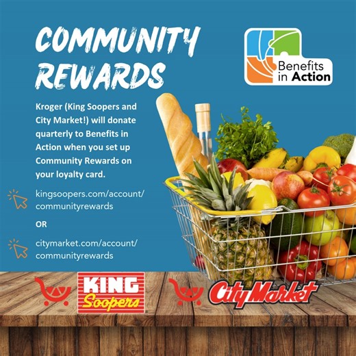 🛒 Did you know you can GIVE BACK while shopping? Kroger (King Soopers and City Market!) will donate quarterly to Benefits in Action when you set up Community Rewards on your loyalty card. It’s this easy: 🍎Via website: - Visit kingsoopers.com/account/communityrewards OR citymarket.com/account/communityrewards (IG: Find link in bio! 👆🏻) - Choose “Benefits in Action” as your Organization (ID: XE741) 🥦Via mobile app: - Tap 3 bars in top right corner - Choose Rewards, then Community Rewards - Ch