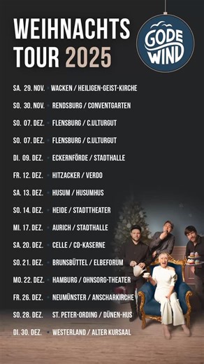 Keen Wiehnacht ohne …und wisst Ihr was? Wir können es kaum erwarten und freuen uns schon sehr auf Euch! 😍 Weitere Infos bekommt Ihr unter www.godewind.de #wiehnachtstour #live #konzerte #plattdeutsch #wennesschneit #band #godewind | Godewind