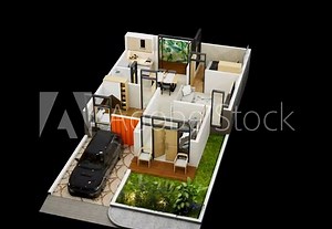 3d rendering floor plan of a house top view. minimalist house 84 square meters with 2 bedrooms