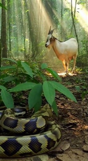 Python concealed in leaves attacks goat from behind, dust rising
