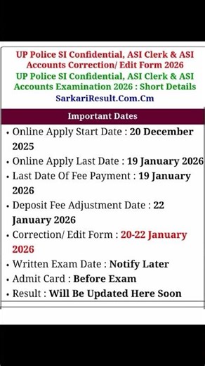 UP Police SI Confidential, ASI Clerk & ASI Accounts Correction/ Edit Form : 20-22 January 2026