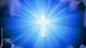 Cross in an abstract lighty blue background render, radiating bright light rays to darkness. Christianity, Jesus and Holy Spirit related 3d visualization.
