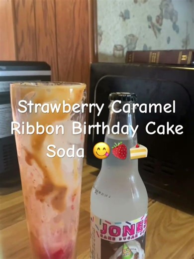 Strawberry Caramel Ribbon Birthday Cake Dirty Soda 🍓🎂 (Satisfying Pour)