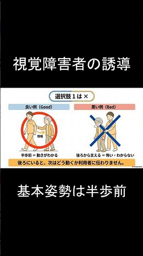 視覚障害者の安全な誘導方法と「半歩前の原則」【介護福祉士国家試験】 #介護福祉士 #国家試験 #視覚障害者 #歩行誘導 #試験対策 #外国人介護職 #介護の勉強 #介護福祉士国家試験