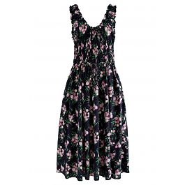 Flower Buds Ruffle Cami Dress in Black