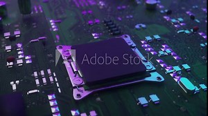 Microprocessor chip connecting with Motherboard. AI concept technology. Processor microchip starting artificial intelligence of neural cloud computing data