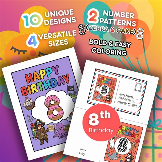 8th Birthday Coloring Card: Kids Printable Bday Party Postcard (digital Download) - Etsy