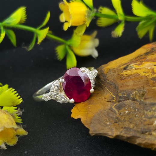 Oval Ruby Ring, Sterling Silver or 14k Gold, Faceted Red Gemstone, Pave Diamond Accent Shoulders, Classic July Birthstone - Etsy