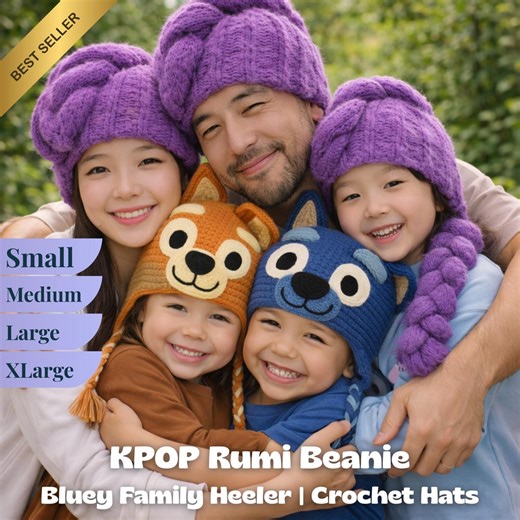 Bluey Heeler Family Crochet Hat Pattern Bundle   Kpop Rumi Braid Beanie | Kids to Adult Sizes | Blue Heeler Inspired | Instant PDF Download - Etsy