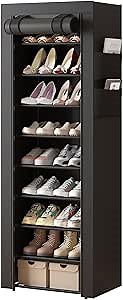 Fixwal Shoe Rack Organizer, 9 Tier Shoe Rack with Covers Black Shoe Rack with 2 Large Pockets for Closet Entryway
