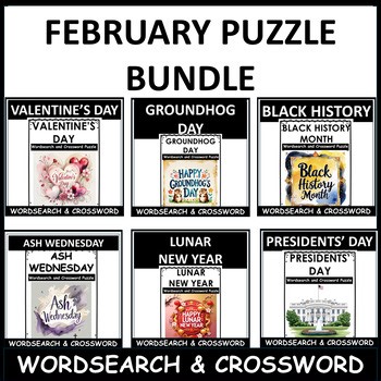 February Word Search Crossword Activity | 6 Holiday Puzzles | Valentine's Day |