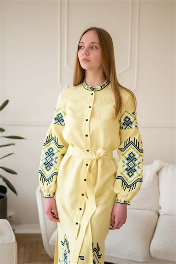 Linen Embroidered Dress, Ukrainian Vyshyvanka Outfit, Folk Midi Clothing, Ethnic Dress With Belt Buttons. - Etsy