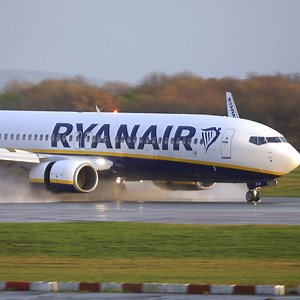 Enjoy this clip of the wet arrivals at Manchester Airport including the Ryanair 737 using reverse thrust until its exit point kicking up some fantastic spray making for a dramatic arrival! | Airliners Live