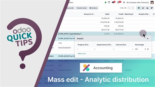 Easily mass edit multiple invoices and vendor bills to update analytic distribution information in one go! Use Odoo Accounting for free at https://www.odoo.com/r/IT0 #OdooQuickTips #OdooAccounting #AnalyticDistribution | Odoo