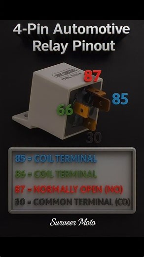PK BHAI on Instagram: "⚡🔧 4-Pin Automotive Relay Pinout Explained 🔧⚡ When it comes to automotive electrical systems, relays play a crucial role in ensuring smooth operation, reliability, and safety. A 4-Pin Automotive Relay is one of the most commonly used relays in vehicles, designed to switch high-current circuits using low-current control. Let’s break down its pin configuration and functions: 🔹 Pin 85 – Coil Terminal This terminal connects to one side of the relay coil. When current flows 