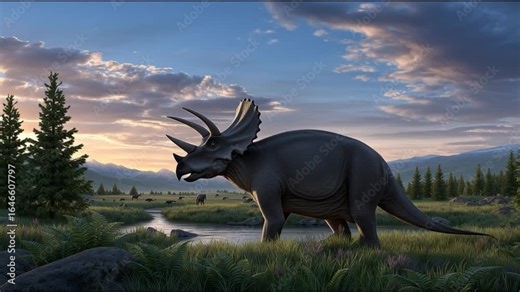 Triceratops in the primeval landscape: A colossal Triceratops roams freely in a vibrant, prehistorical environment.