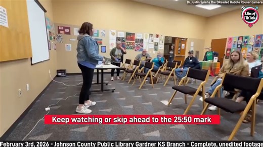 🚨MASSIVE CONTROVERSY IN JOHNSON COUNTY, KANSAS During an LGBTQ event at the Johnson County Public Library, a man confronted Democrat candidate for the Kansas State House, Kristin Schultz, over boys invading girls' bathrooms. LGBTQ activists then physically blocked the man with a child mutilation flag, and called the police in an attempt to remove and silence him. When the man asked an off-duty police officer for his name, the officer aggressively rammed the man with his shoulder, appearing to a