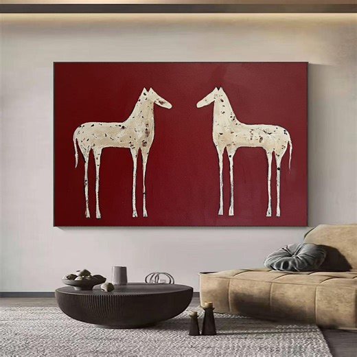 Two Horse Painting Primitive Folk Art Canvas Rustic Equestrian Wall Art Red and White Abstract Decor Large Modern Animal Artwork - Etsy