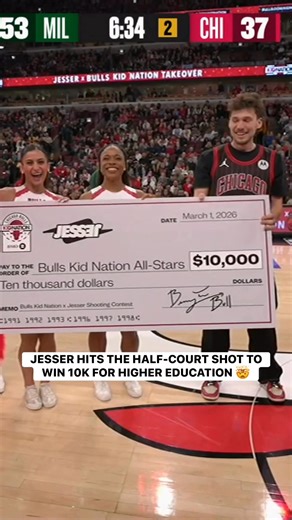 Jesser hits the half-court shot to help fans win 10k for higher education at Jesser Bulls Kids Nation Day! 💰 MIL-CHI on NBA League Pass Tap to Watch ➡️ https://www.nba.com/how-to-watch-game-redirect/0022500870?partnerRef=NBA&platform=Facebook&surface=Post | NBA