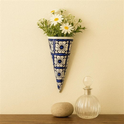 Handmade Blue Pottery Wall Planter | Floral Ceramic Cone Vase - Etsy Ireland
