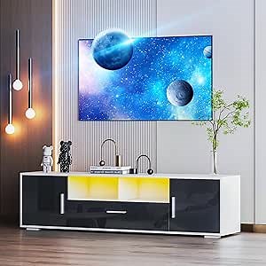 Modern LED TV Stand for 70 inch TV, Black Entertainment Center with LED Lights and 4 Storage Cabinets, High Gloss Media Console with 2 Open Shelves for Living Room, Bedroom