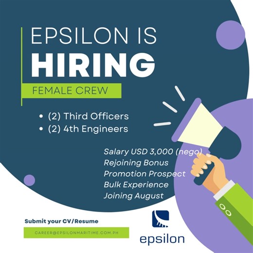 16K views · 107 reactions | Giving opportunities to our Lady Sea Faries❤️ For vessels: Bulk Sachuest Bulk Concord Please send your cv/resume Career@epsilonmaritime.com.ph | Epsilon Maritime Services, Inc. | Facebook
