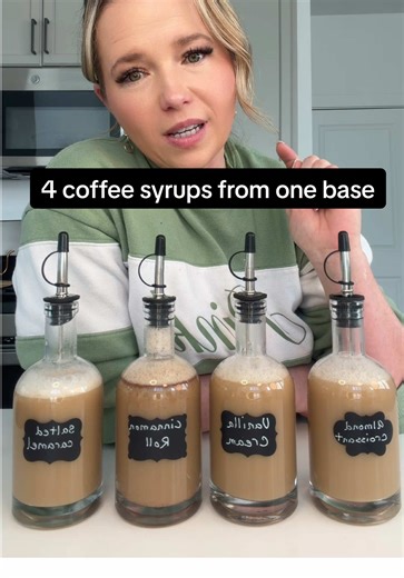 i stopped buying coffee syrups and started doing this instead. one simple base and you can make so many different flavors at home. these are all smooth, not too thick, and perfect in hot or iced lattes. i’ll never go back to store bought 🤎. recipes⬇️ salted caramel coffee syrup ingredients ¾ cup white sugar ¼ cup brown sugar 1 cup water 2–3 tbsp sweetened condensed milk 2 tsp vanilla extract ¼–½ tsp salt instructions add the white sugar, brown sugar, and water to a saucepan. heat over medium an