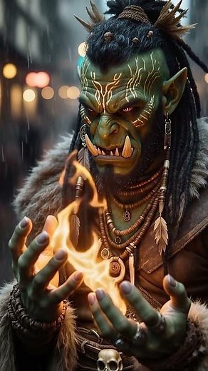 A female cyberpunk orc shaman magician in the gritty world of Shadowrun 🧌