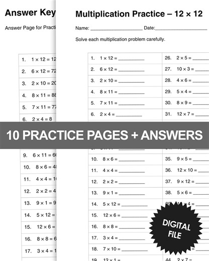 Multiplication Worksheets 1-12 | 10 Printable Practice Pages + Answer Keys | 75 Problems Each | 3rd Grade Math Drill | Instant Download PDF - Etsy