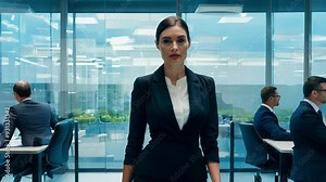 A businesswoman strides through a contemporary office, showing determination and professionalism in a sleek outfit.