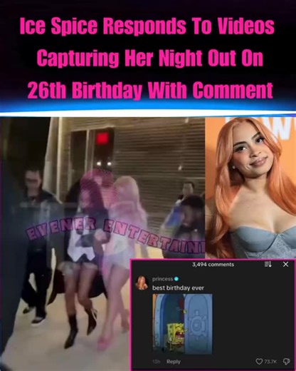 Evener Entertainment on Instagram: "Ice Spice made a response after her birthday videos have been going viral. She celebrated her 26th birthday on January 1, 2026, with a high-energy party at the PHD Rooftop Lounge in New York City. Following the event, viral footage surfaced showing the rapper appearing heavily inebriated and needing significant assistance to reach her vehicle. TMZ footage captured Ice Spice initially attempting to leave the venue on her own before a team member gently guided h