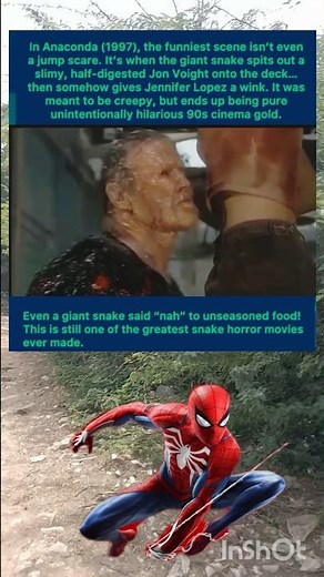 In Anaconda (1997), the funniest scene isn't even a jump scare. It's when the giant snake spits