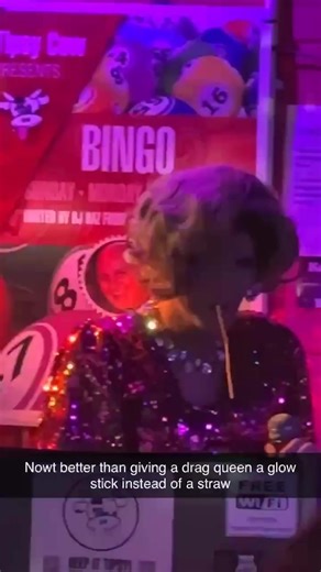 We love winding her up a glow stick instead of a straw 😂😂😂#newcastle #dragqueens #thetipsycow #fyp #bar